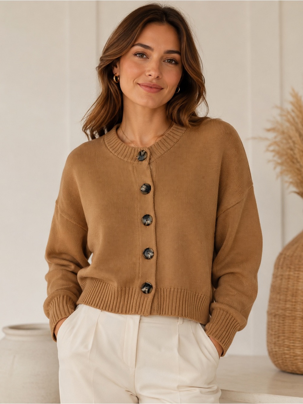 Quince Organic Cotton Cropped Cardigan Camel Large Quiet Luxury minimalist